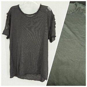 Distressed Mesh Knit Shirt Women Medium Green Short Sleeve Sheer Grunge Punk Tee